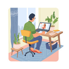 Aufkleber - Online distance education at home man working at computer back view, studying, working and learning online at quarantine. E-learning, remote worker freelancer at workplace, virtual classroom