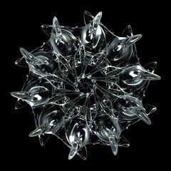 3d render of abstract art of surreal alien star, sun or snow flake flower or mandala symbol in curve round wavy biological fractal lines forms in liquid ice glass material on isolated black background