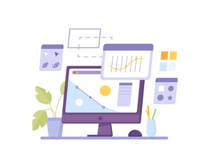 Aufkleber - Design program computer isolated screen networking graphics and chat. Vector java script coding, corporate analyzing application, networking interface. Desktop with potted plant, stationery tools