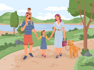 Wall Mural - Family mother, father, son and daughter walking in park with dog. Vector flat cartoon people and pet animal resting on nature, green trees, grass, river or lake on background. Leisure pastime together