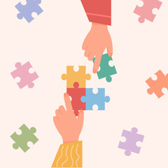 People assembling jigsaw puzzle. Concept of manual activity. Friends pastime. Autistic kids playing mosaic. Teamwork and team building. Children hands with puzzle. Vector flat illustration.