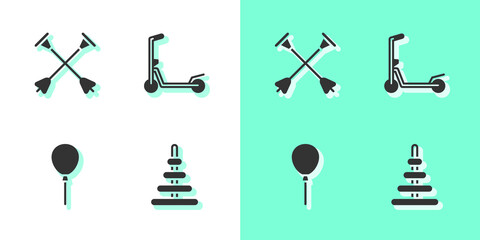 Poster - Set Pyramid toy, Arrow with sucker tip, Balloons ribbon and Scooter icon. Vector.