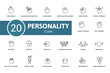 Personality icon set. Contains editable icons personality theme such as unlocking new abilities, emotional intelligence, critical thinking and more.