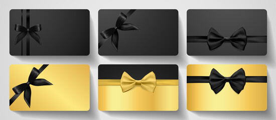 Gift card design collection. Blank template with black ribbon, bow on luxury gold background. Holiday vector set for gift certificate, voucher, coupon