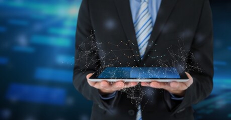 Poster - Network of connections and mid section of businessman holding digital tablet against blue background