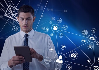 Poster - Network of digital icons over businessman using digital tablet against blue background