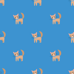  Seamless vector pattern with cats on a blue background. Background for textiles, covers, screensavers, children is bed linen.