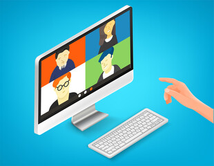 Aufkleber - Using communication application for conference. Isometric vector illustration