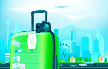 Poster - Vacation on pandemic. Concept with color plastic suitcase and protection mask in a city. Vector banner