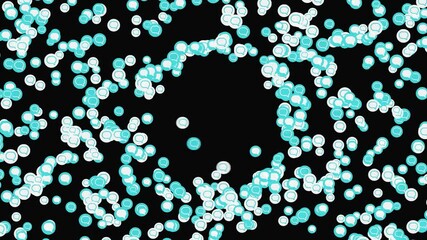 Poster - Abstract cloud with light blue and white dialog symbols moving on black background. Animation. Small icons forming an empty round space in the center of a screen.