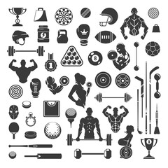 Sports training and equipment vector icons set