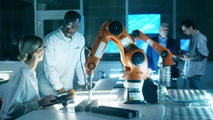 Wall Mural - computer laboratory with researchers experimenting with robots