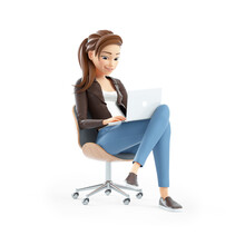 3d Cartoon Woman Sitting In Chair With Laptop