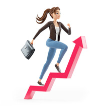 3d Cartoon Woman With Briefcase Running On Growing Arrow