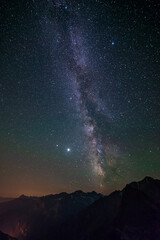 Wall Mural - the milky way galaxy and the stars in the night sky view from high altitude mountain range, the alps