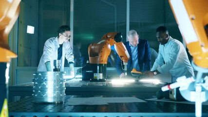 Wall Mural - robotics laboratory with a team of researchers holding experiments