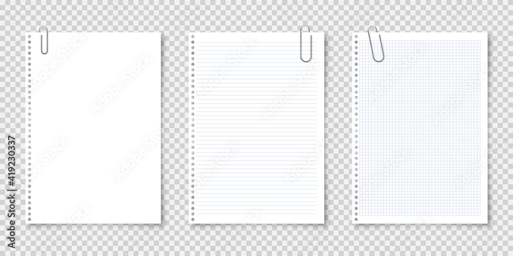 Realistic blank paper sheets in A4 format with metal clip, holder on transparent background. Notebook page, document. Design template or mockup. Vector illustration. - obrazy, fototapety, plakaty 