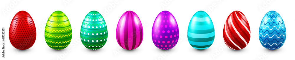 Colorful Easter eggs isolated on white background. Seasonal spring decoration element. Egg hunt game. Vector illustration. - obrazy, fototapety, plakaty 