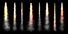 Realistic Space Rocket Launch Trails On Black Background. Fire Burst, Explosion. Missile Or Bullet Trail. Jet Aircraft Tracks. Smoke Clouds, Fog. Steam Flow. Vector Illustration.