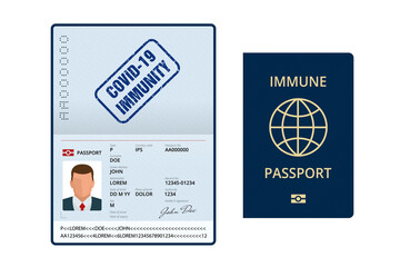 Wall Mural - COVID-19 Immunity Passport, immunity certificate, vaccination certificate. International passport with sample personal data page.