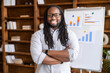 © Vadim Pastuh - Cheerful multiethnic man with a dreadlocks is online tutor, teacher, a smiling African-American business coach stands in confident pose with folded arms with a flipchart on background, looks at camera