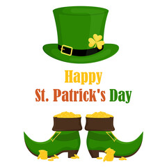 Shoes and a leprechaun hat for the St. Patrick's Day holiday Flat cartoon vector illustration isolated on a white background.