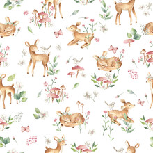 Watercolor Seamless Pattern Baby Deers With Flowers 