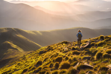 Wall Mural - Girl on mountain peak with green grass looking at beautiful mountain valley in fog at sunset in summer. Landscape with young woman on the trail, foggy hills, forest, sky. Travel and tourism. Hiking	