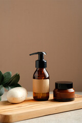 Wall Mural - organic natural cosmetic products with green leaves on wooden board. amber glass dispenser bottle, b