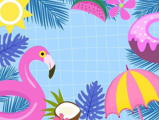 Tropical background banner. Summer pool with beach party element, flamingo swimming circle, donut. Vector illustration