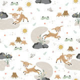 Fototapeta Pokój dzieciecy - Seamless pattern with cute deers. Cartoon Animals Background, Vector Illustration 