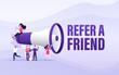 © Hanna - Flat icon with megaphone people refer friend. Poster, banner. Flat isometric vector illustration. 3d vector illustration.