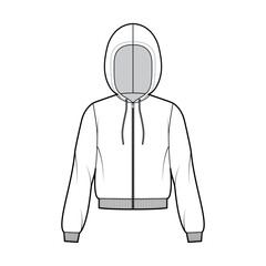 Wall Mural - Zip-up Hoody sweatshirt technical fashion illustration with long sleeves, relax body, knit rib cuff, banded hem, drawstring. Flat apparel template front, white color. Women, men, unisex CAD mockup
