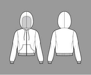 Wall Mural - Zip-up Hoody sweatshirt technical fashion illustration with long sleeves, relax body, kangaroo pouch, knit rib cuff, banded hem. Flat template front, back, white color. Women, men, unisex CAD mockup