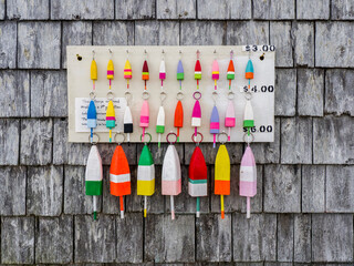 Poster - USA, Maine. Handmade buoy keychains in bright colors for sale.