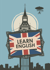 Vector banner on the topic of learning English for a language school or online course. Decorative illustration in a flat style with Big Ben, the British flag and the inscription Learn english