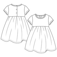 Baby Girls Short Sleeves Dress  Fashion Flat Sketch Template. Girls Empire Waist Dress Technical Fashion Illustration. 