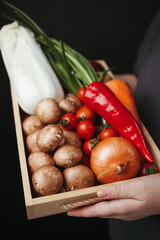 Healthy vegetarian food. Woman holding box with fresh vegetables and mushrooms, close-up. Superfood, clean eating, vegan, dieting food concept