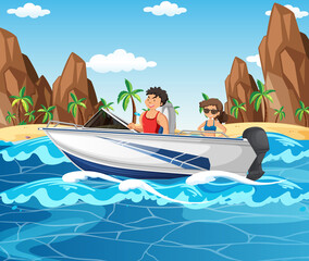 A couple driving speed boat in the beach scene