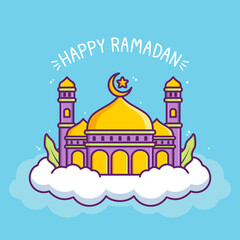 Wall Mural - cute happy ramadan illustration with mosque in the cloud