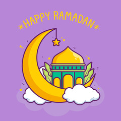 Wall Mural - cute happy ramadan illustration with mosque in the moon