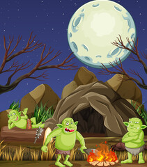 Wall Mural - Night scene with goblin or troll cartoon character