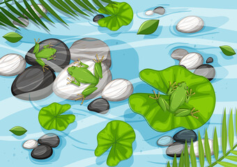 Wall Mural - Aerial scene with frogs and lotus leaves in the pond