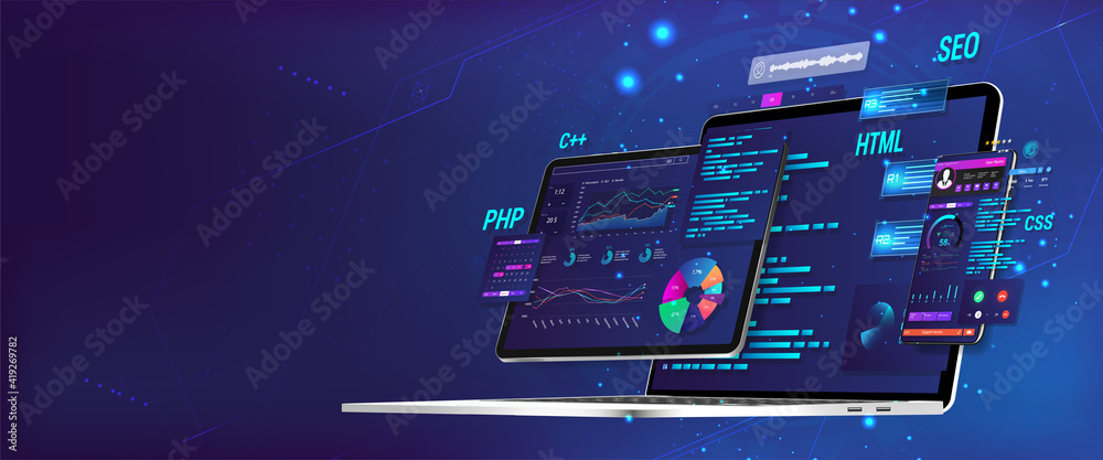 Banner Software UI and development for different devices. Business App dashboard with graph, charts, analytics data, testing platform, coding process. Software development and programming concept. - obrazy, fototapety, plakaty 