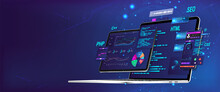 Banner Software UI And Development For Different Devices. Business App Dashboard With Graph, Charts, Analytics Data, Testing Platform, Coding Process. Software Development And Programming Concept.