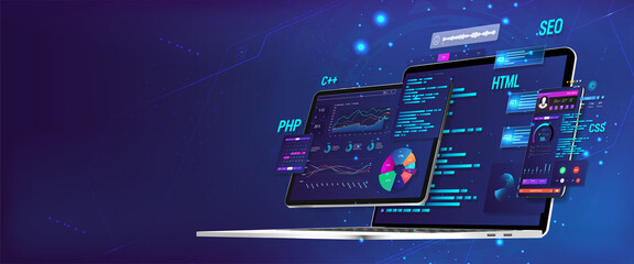 banner software ui and development for different devices. business app dashboard with graph, charts,