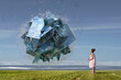© Rana Dias/Caia Image - Girl blowing bubbles forming dimensional structure reflecting sea