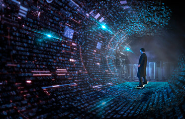 Man on hover board surfing binary code wave