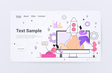 Poster - businesswomen launching space rocket successful business idea start up project management concept ho