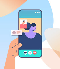 Wall Mural - human hand using mobile app for virtual conference meeting friends discussing during video call on smartphone screen vertical vector illustration